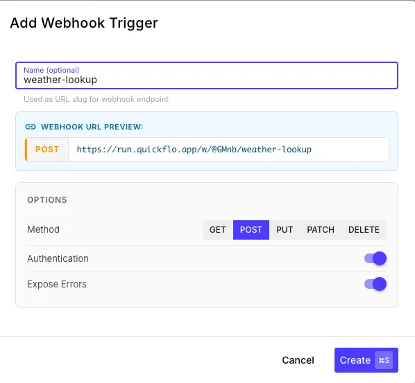Webhook trigger configuration showing the URL field, method dropdown, and authentication toggle