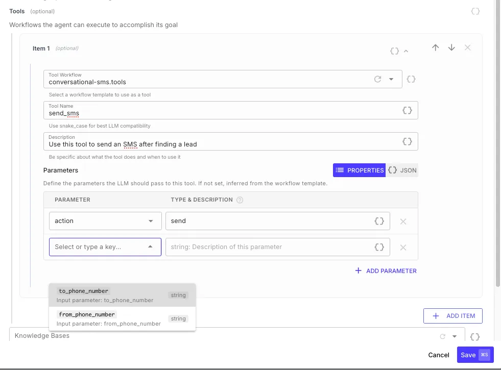 Agent Tools configuration showing a workflow template selected as a tool with name, description, and parameter definitions