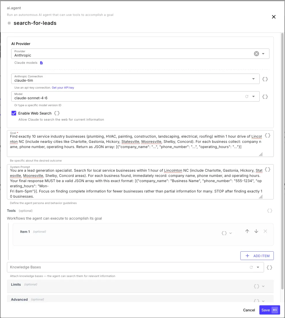 AI Agent step editor showing Anthropic provider, model selection, goal field, system prompt, tools section, knowledge bases, limits, and advanced settings