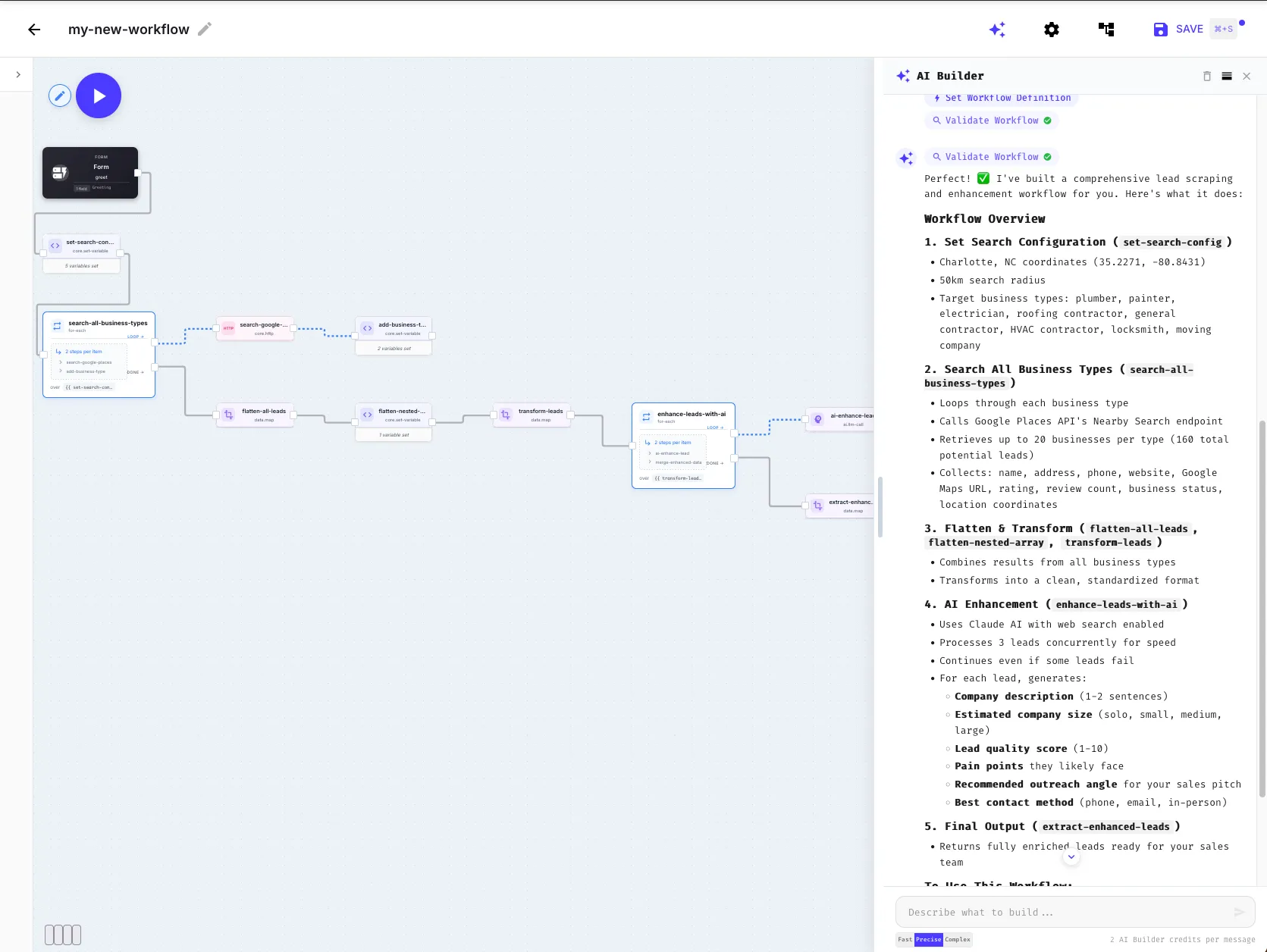 Completed workflow built by the AI Builder