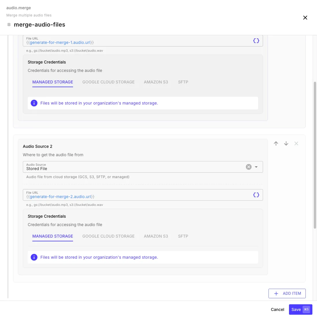 Audio merge step editor showing multiple audio source inputs