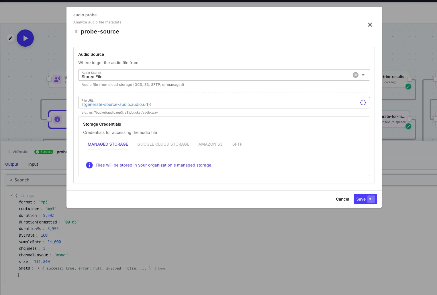 Audio probe step editor and output showing metadata like format, duration, and sample rate