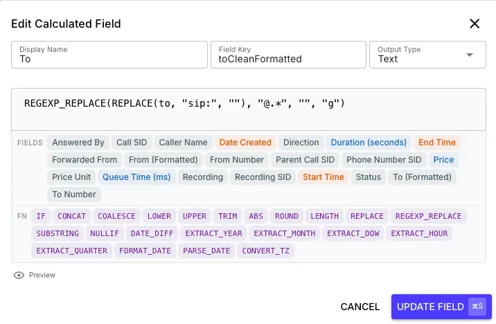 Calculated field builder with a formula in the CodeMirror editor and reference pills inserted for existing data source fields