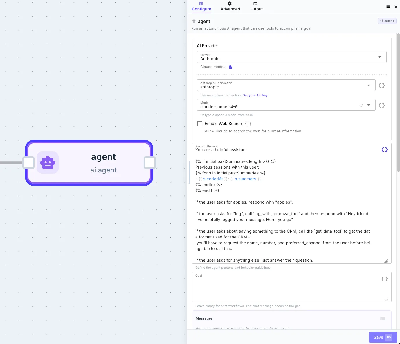 The ai.agent step config — provider, system prompt textarea, tools list, knowledge bases, and limits panel