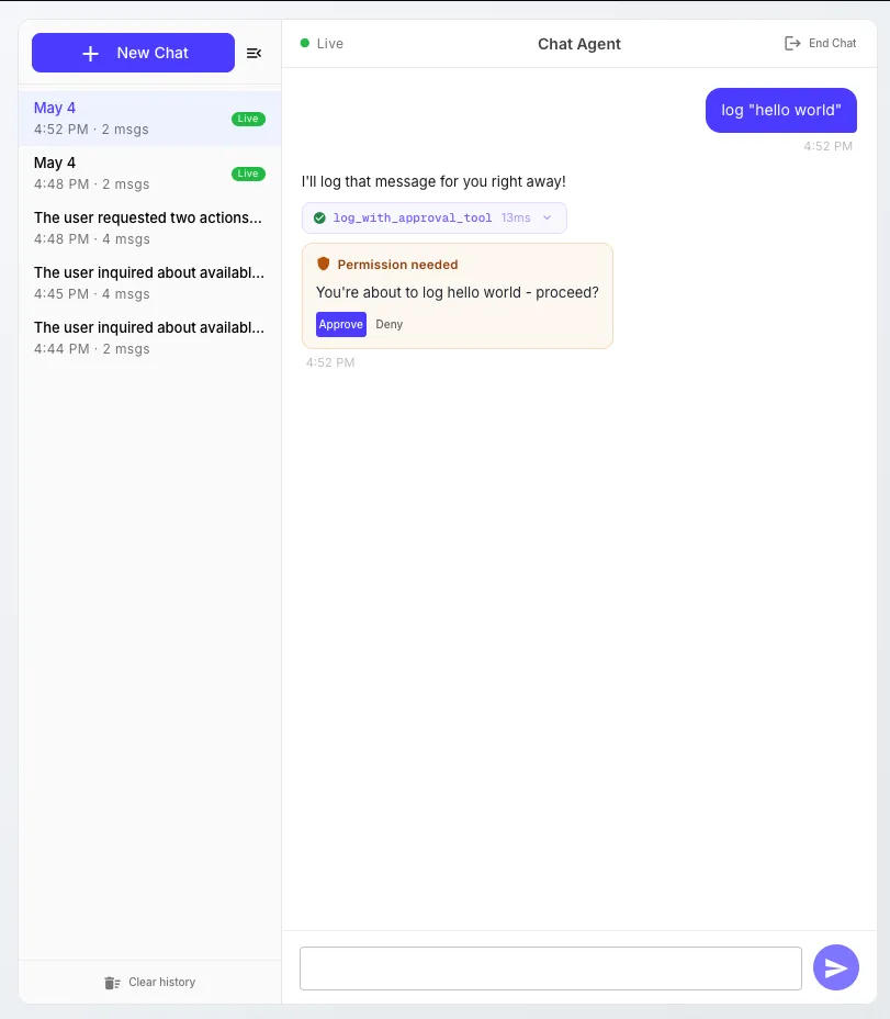 A Permission needed card showing the action that's about to happen, with Approve and Deny buttons