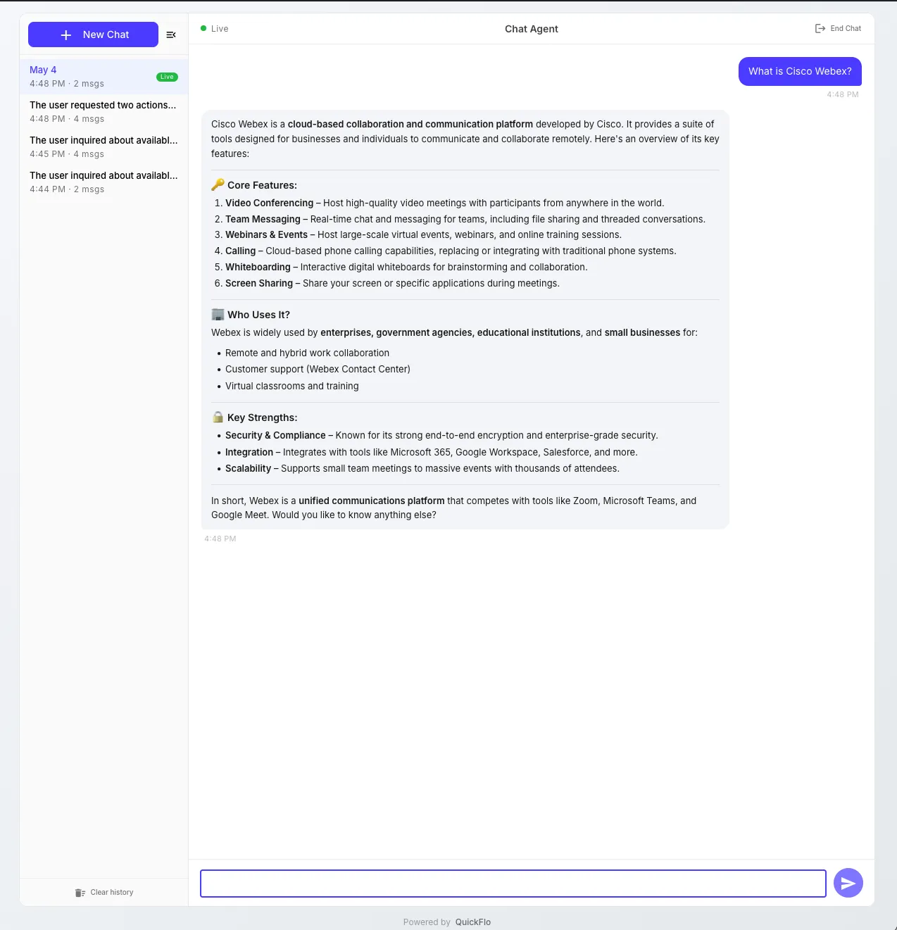 The hosted chat page — past sessions on the left, transcript in the middle with a tool-call card and assistant reply, message composer at the bottom