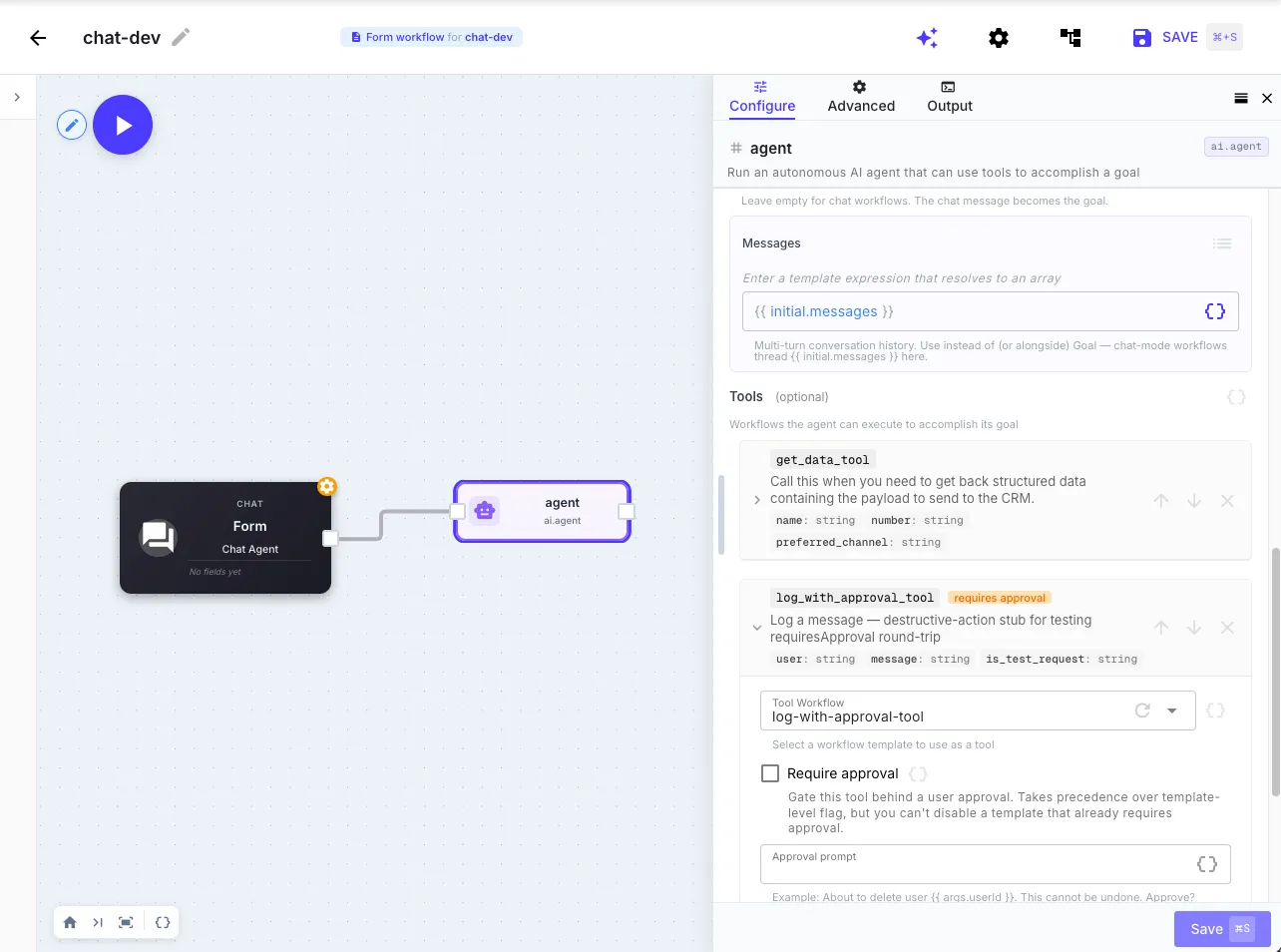 Adding a tool to the agent step — the workflow picker, requiresApproval toggle, and approval prompt template field