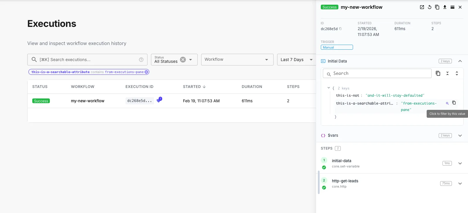 Execution detail panel showing Initial Data with a search icon to filter by a searchable attribute value