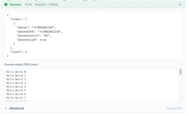 The Code step editor after clicking Run, with the Console Output panel below the editor showing captured console.log lines and the final return value