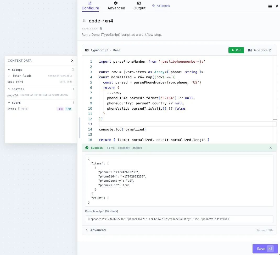 The Code step config panel open in the workflow builder showing a TypeScript script with syntax highlighting, line numbers, the Run button, and a Deno docs link