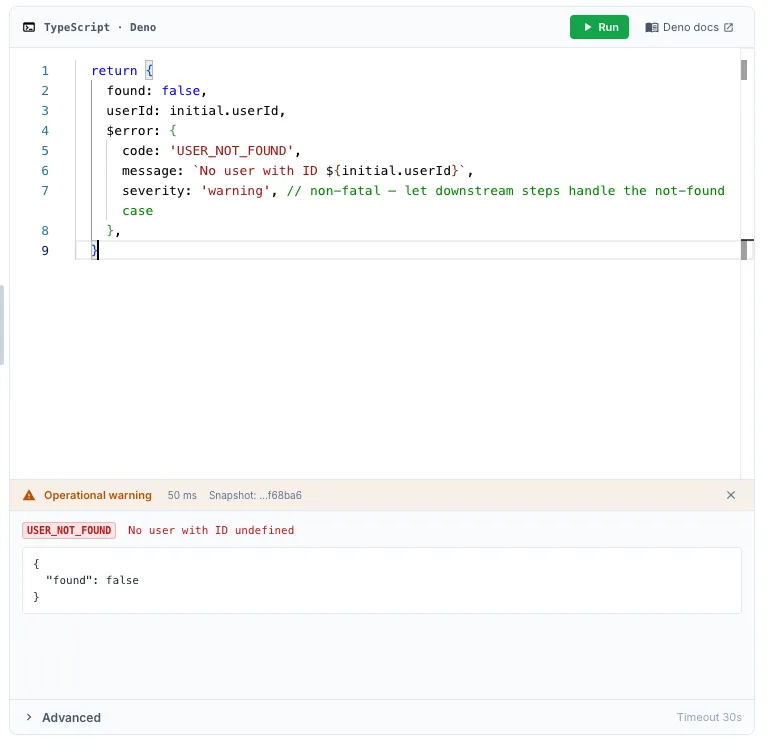 The execution trace showing a Code step with an operational error — the failure badge is visible alongside the error code and message, while the rest of the return object is still inspectable below