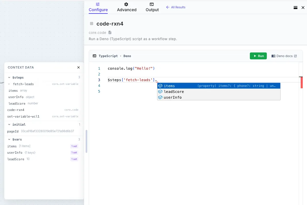 The code editor with the autocomplete dropdown open mid-type, showing suggestions for the platform bindings with their inferred types from the most recent workflow run