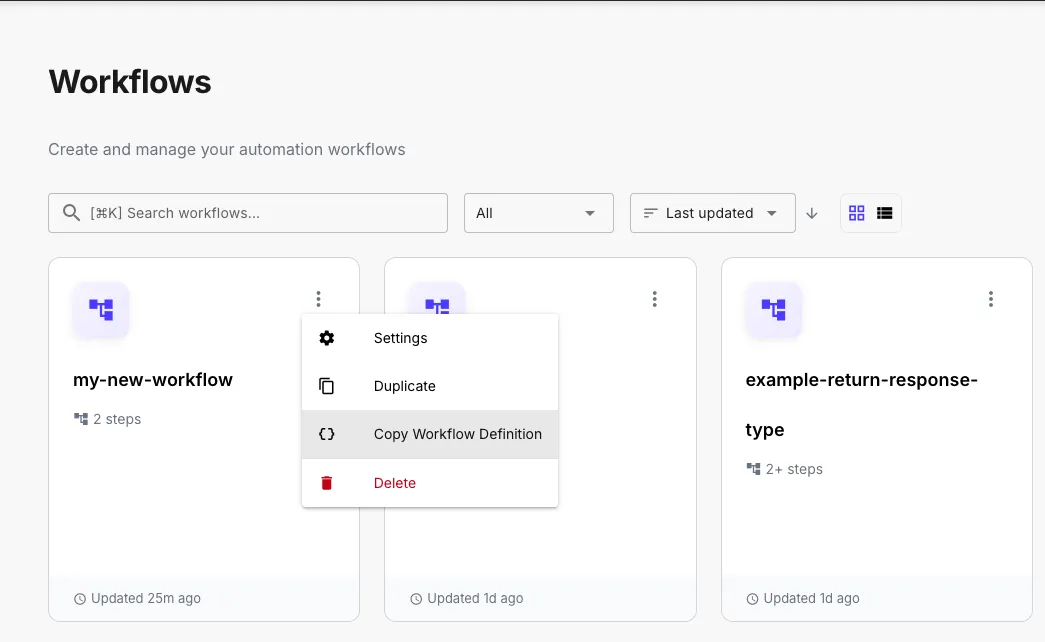 Workflow card context menu showing Copy Workflow Definition option