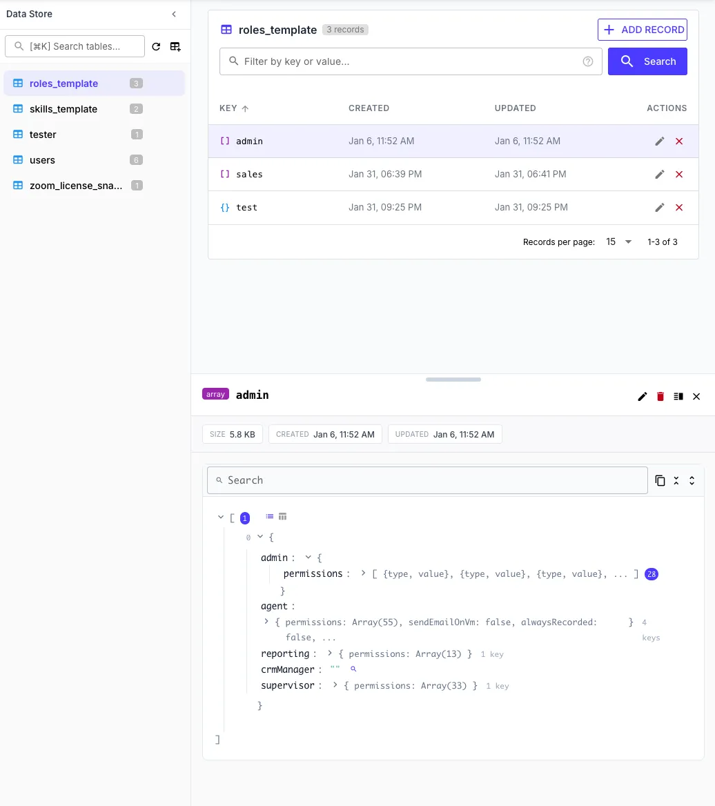 Detail panel showing record metadata and value tree with syntax highlighting