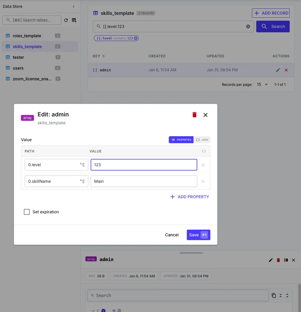 Edit record dialog showing properties mode with path/value fields and expiration option