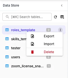 Table context menu showing Export, Import, and Delete options