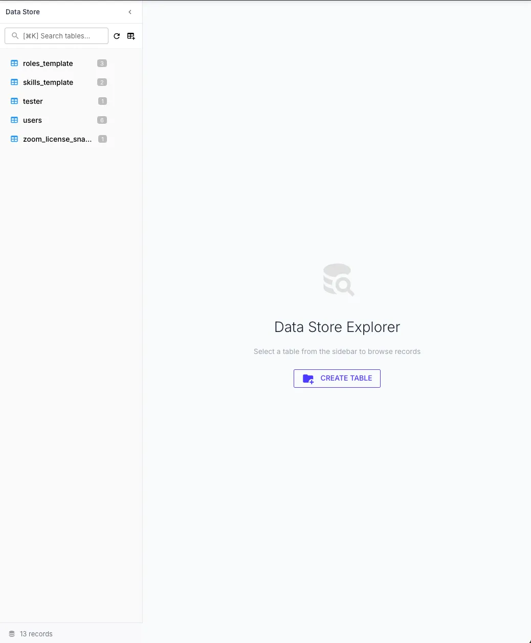 Data store page showing the tables sidebar and records list