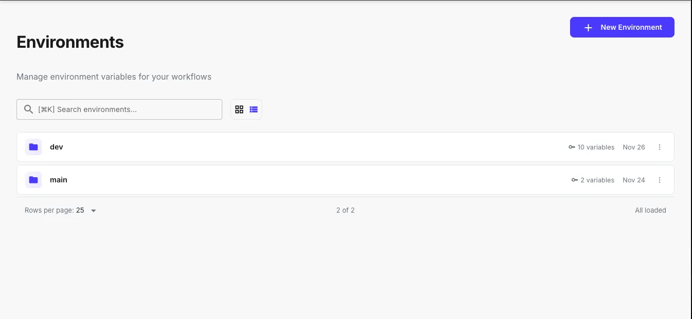 Environments page showing a list of configured environments