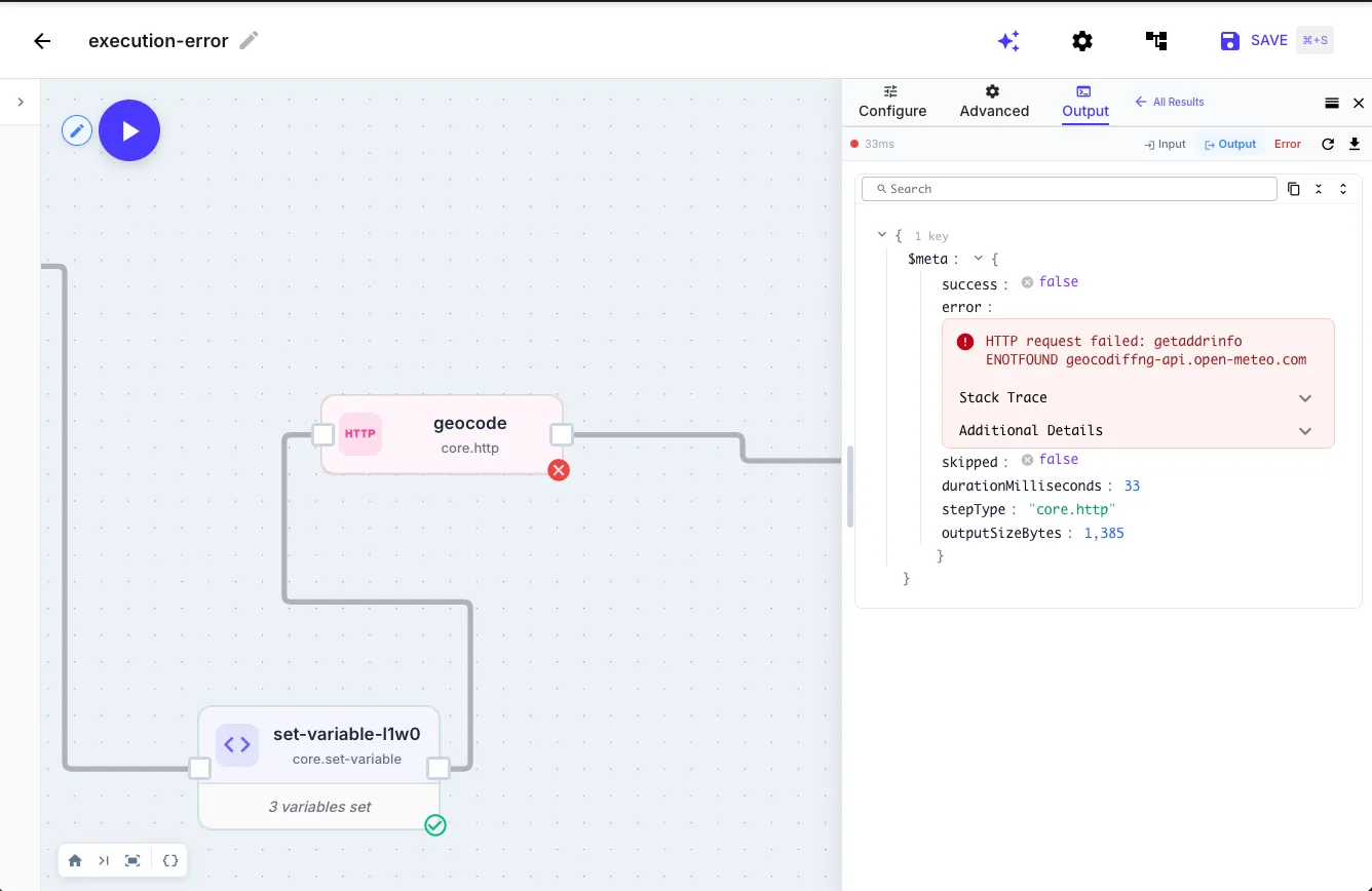 An execution error — the geocode step threw an ENOTFOUND exception. The error message is shown but there is no output to inspect.