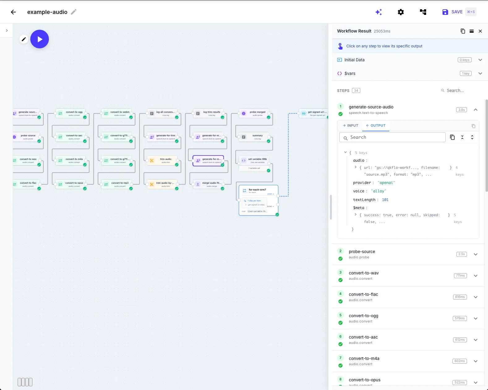 Execution output panel showing step results and data flow