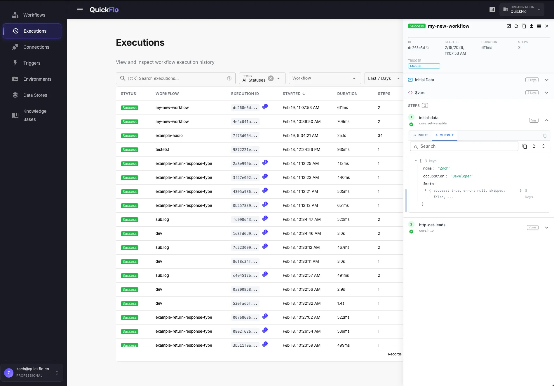 Executions page showing workflow execution history with filters and detail panel