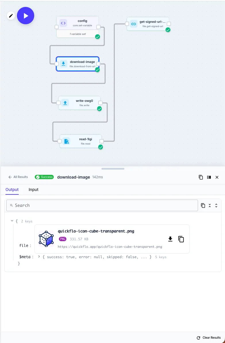 Workflow execution output showing a file object with filename, type, size, and source URL