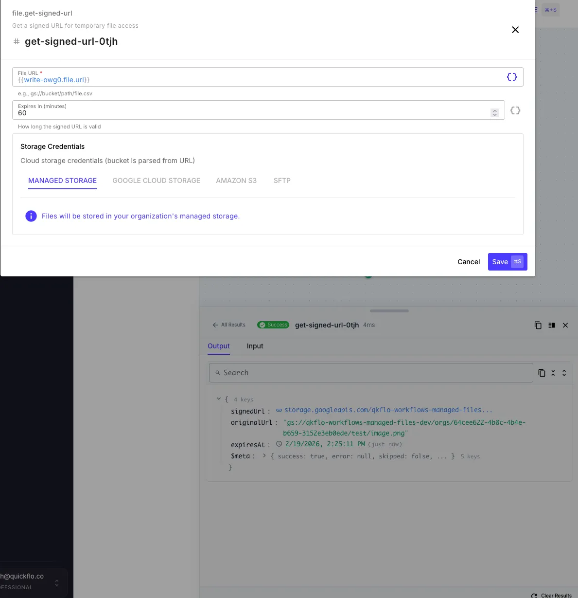 Get Signed URL step editor and output showing signedUrl, originalUrl, and expiresAt fields