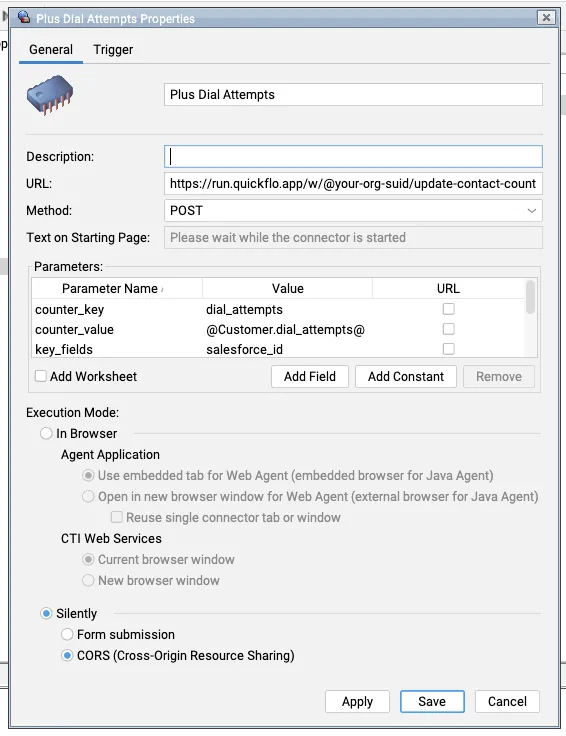 Five9 Plus Dial Attempts connector properties: POST to the QuickFlo webhook, CORS execution mode, parameters for counter_field, counter_value, key_fields, key_values, number, and a token URL parameter