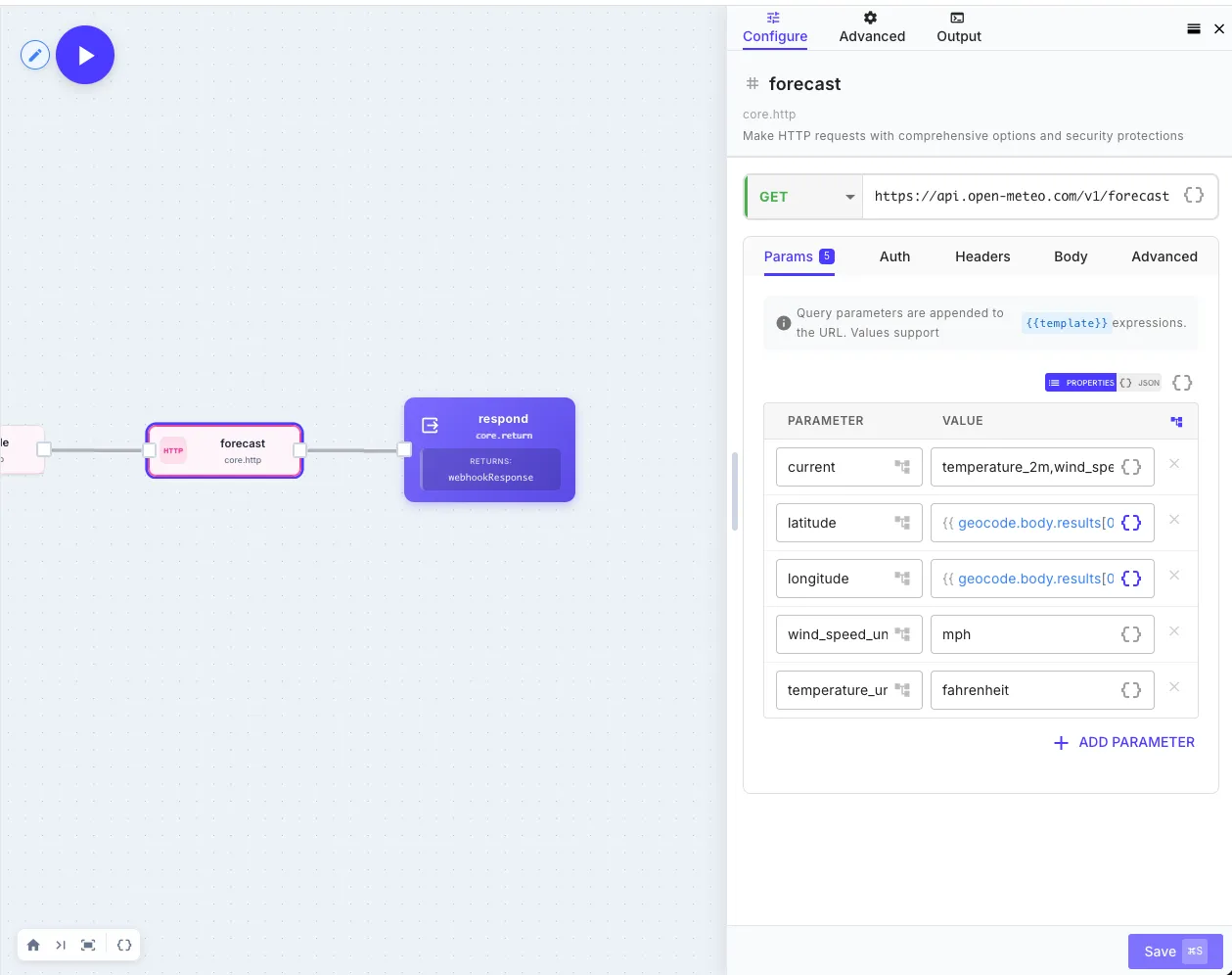 HTTP step configured with the forecast URL referencing the previous step's latitude and longitude, showing a successful test response