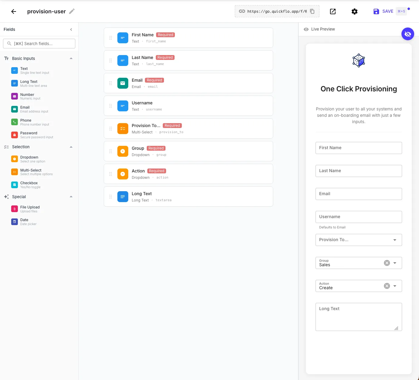 Form builder with field palette on the left, form layout in the center, and live preview on the right