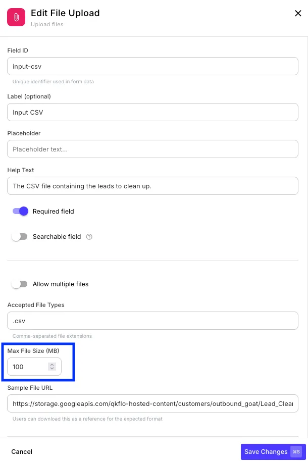 Edit File Upload field dialog in the form builder with the Max File Size (MB) option set to 100