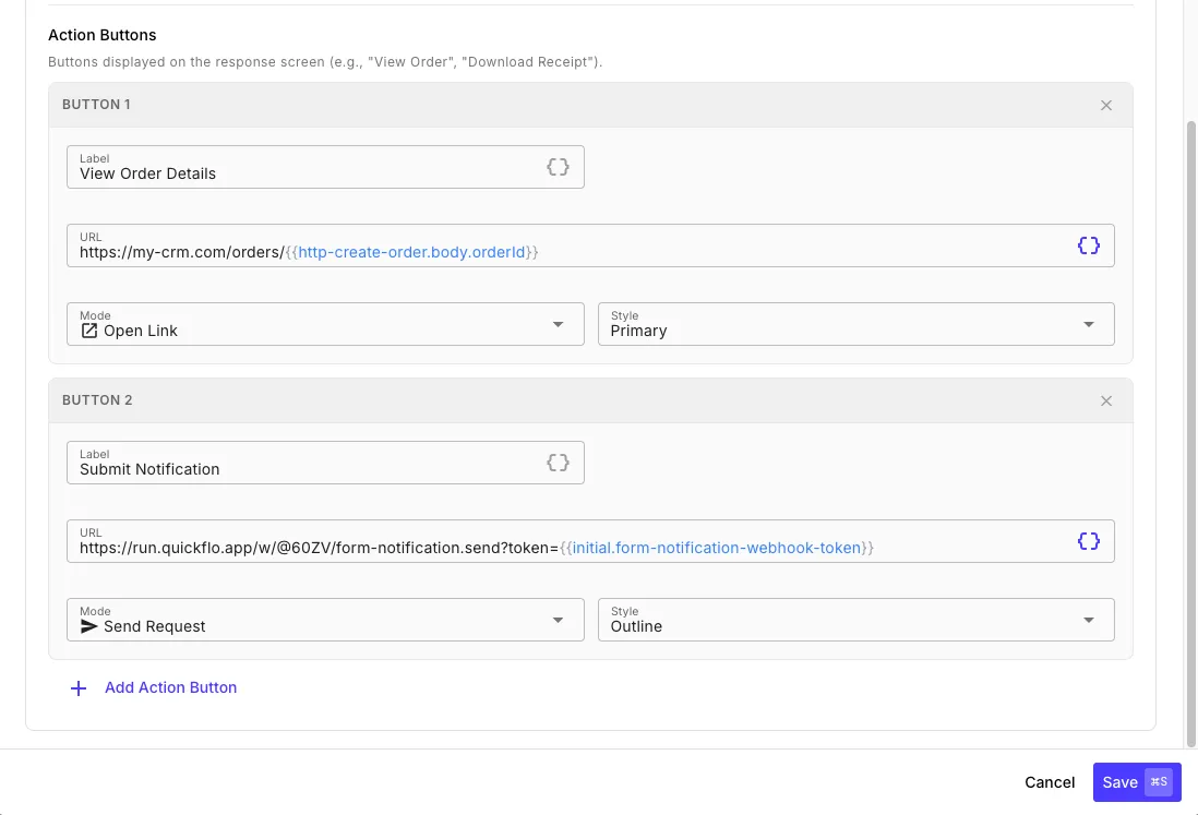 Action Buttons configuration showing two buttons with label, URL, mode, and style fields