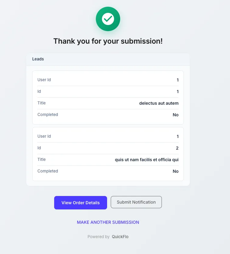 Form success response showing a green checkmark, thank you message, Leads data table, and View Order Details and Submit Notification action buttons