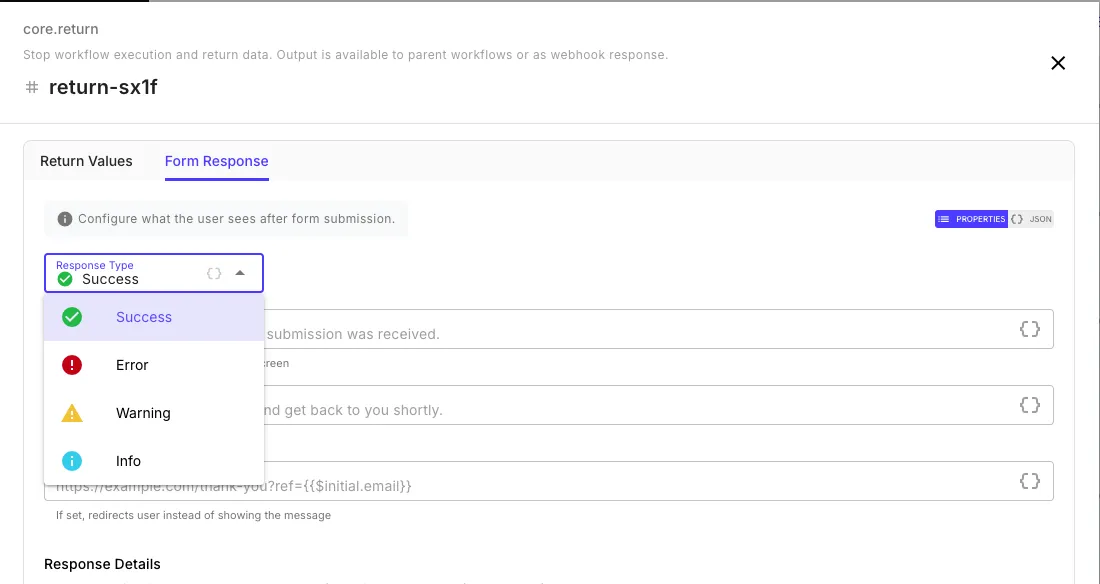 Response Type dropdown showing Success, Error, Warning, and Info options with colored icons