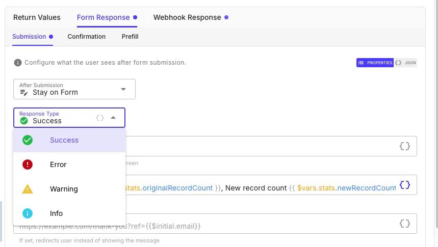 Response Type dropdown showing Success, Error, Warning, and Info options with colored icons