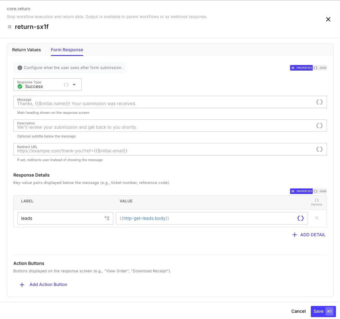 Return step Form Response tab showing response type, message, description, redirect URL, response details, and action buttons