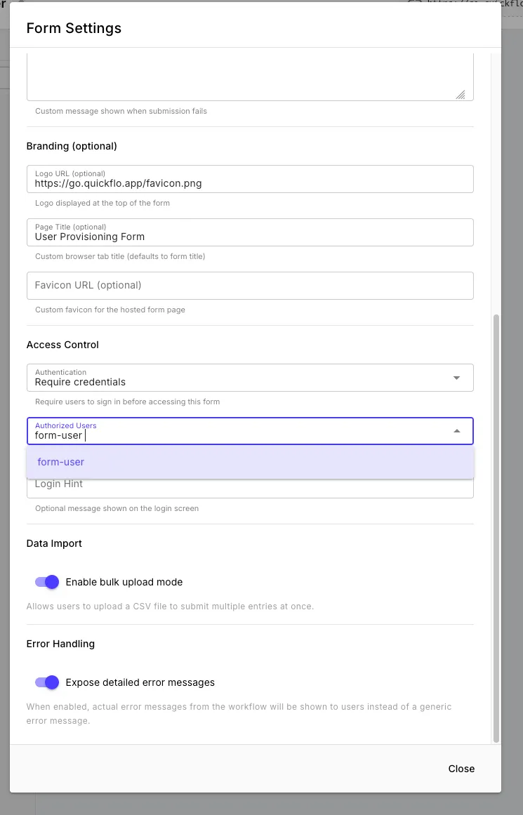 Form Settings showing branding options, access control with credential authentication, bulk upload toggle, and error handling