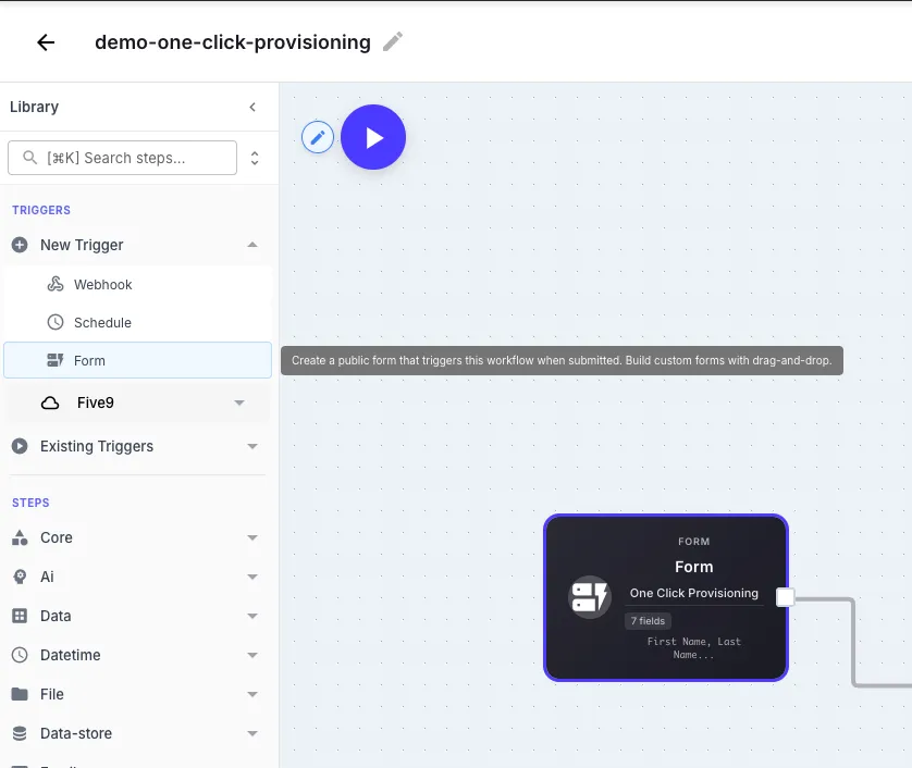 Workflow builder showing the Form trigger option in the Library sidebar and a Form node on the canvas