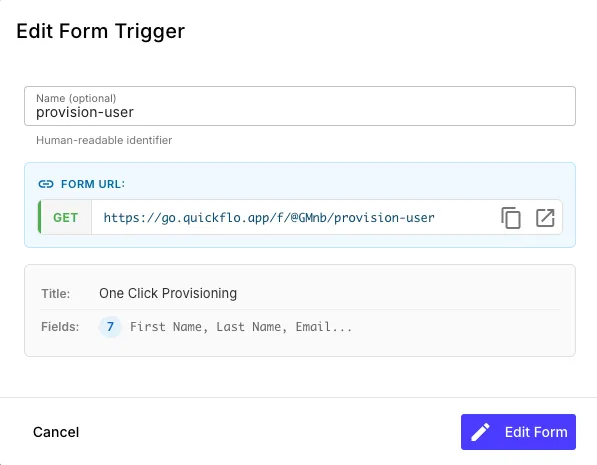 Edit Form Trigger dialog showing the form name, public URL, title, and field count