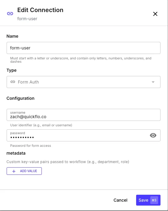 Form Auth connection dialog with username, password, and optional metadata fields