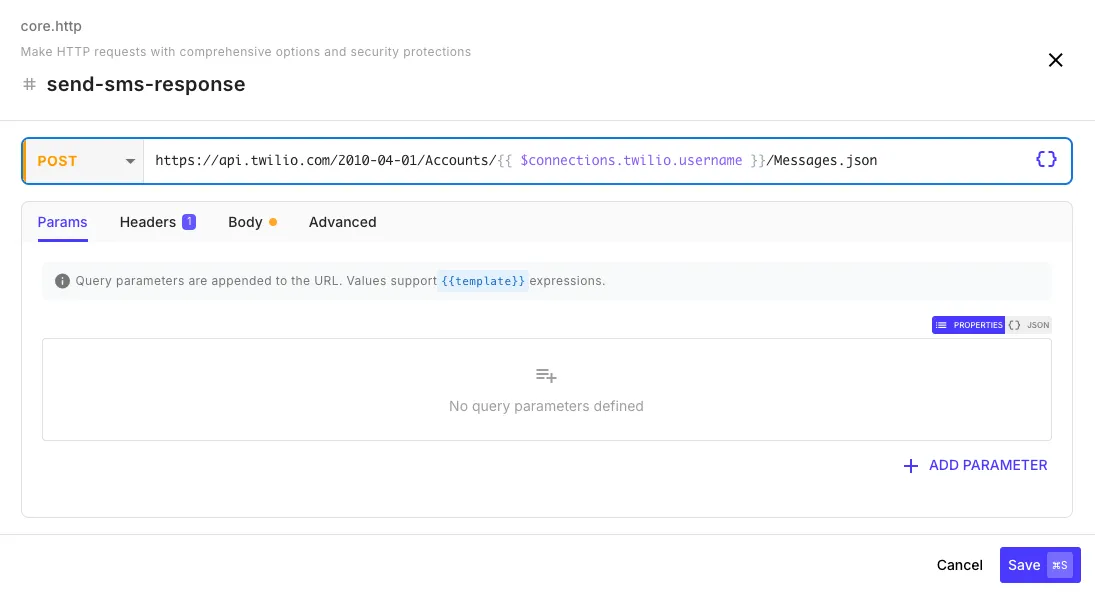 HTTP step editor showing URL, method, and tabbed configuration