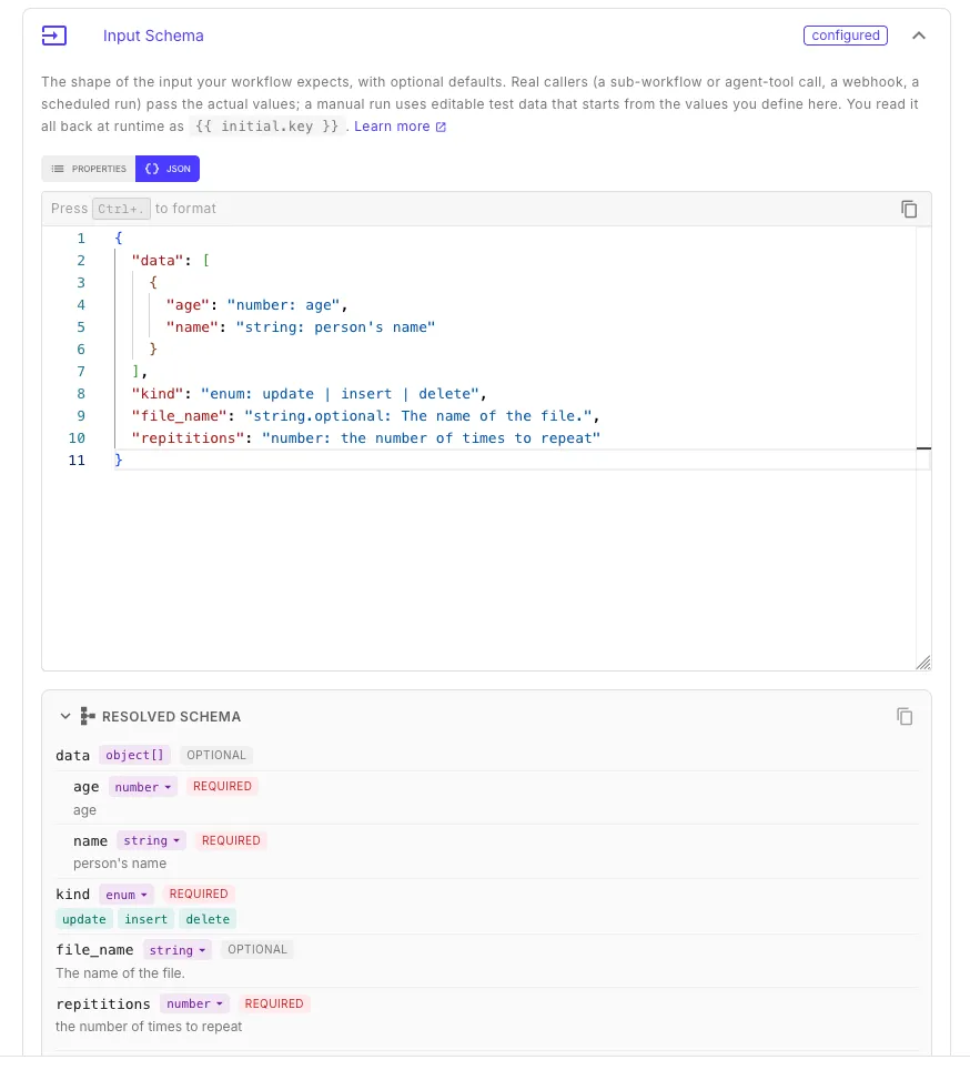 The Initial Input Schema editor in JSON mode — a Monaco editor showing a nested initial-data structure with syntax highlighting and line numbers.