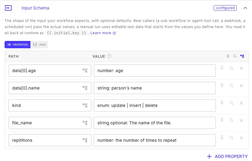 The Initial Input Schema editor in Properties mode: a PATH column of field names beside a VALUE column of type-prefixed descriptions, such as 'number: Quantity ordered' and 'string.optional: The name of the file'.