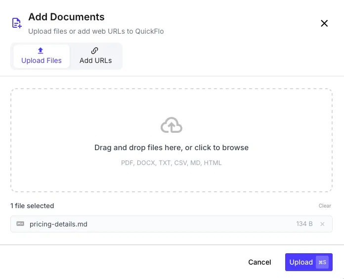 Add Documents dialog showing file upload with drag-and-drop and a selected file