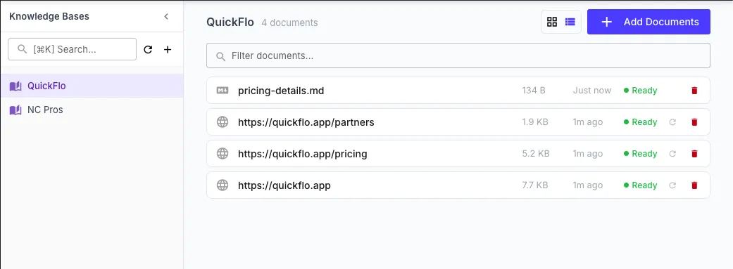 Knowledge base page showing documents with processing status, size, and type indicators