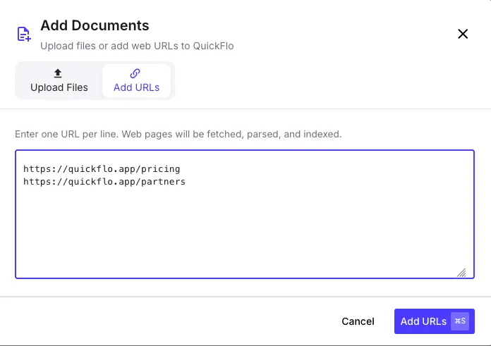 Add Documents dialog showing URL input with multiple URLs entered