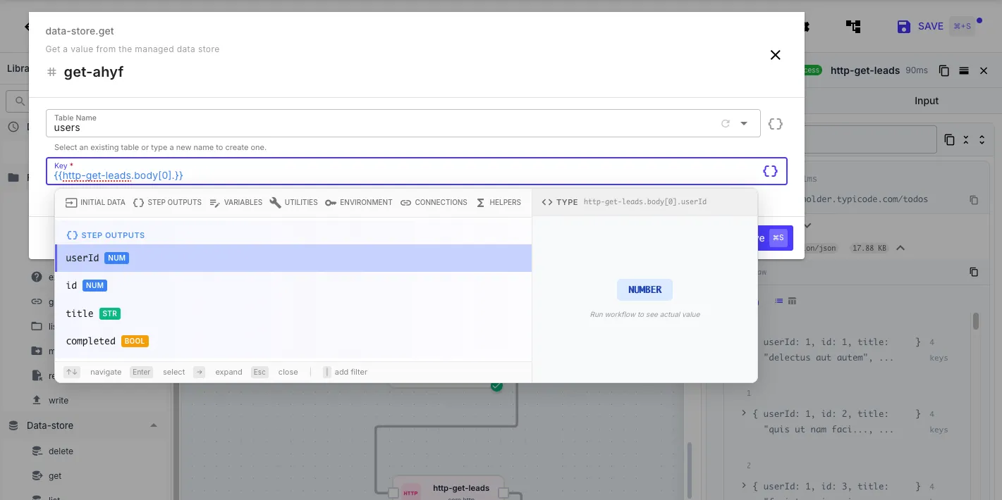 Template autocomplete showing step outputs and variables