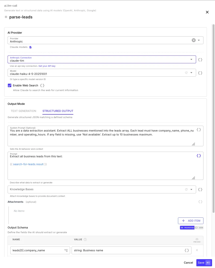LLM Call step editor showing Anthropic provider, model selection, structured output mode with system prompt, user prompt, knowledge bases, and output schema