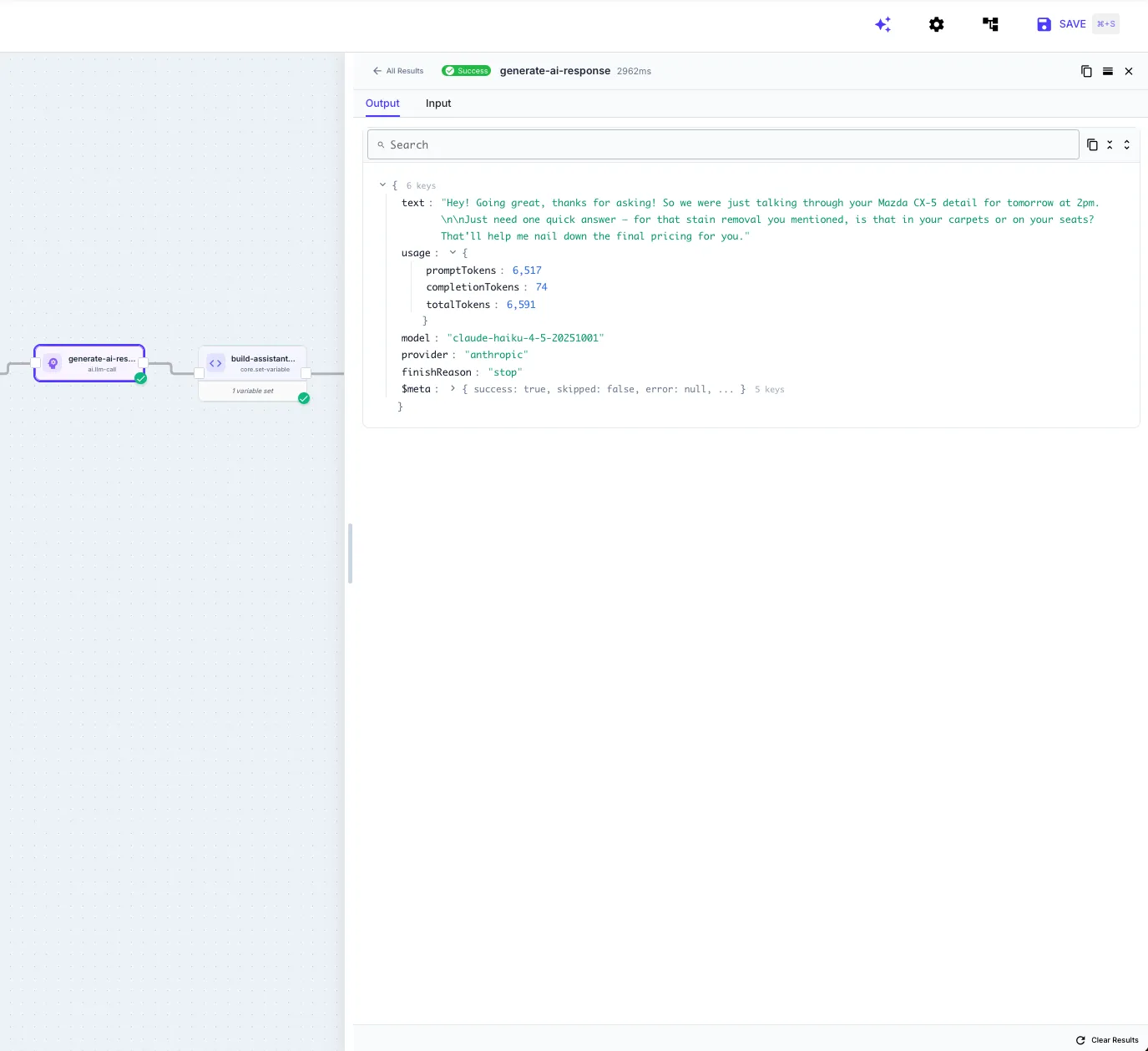 Execution output panel showing a completed LLM Call with generated text, token usage breakdown, model, provider, and finish reason