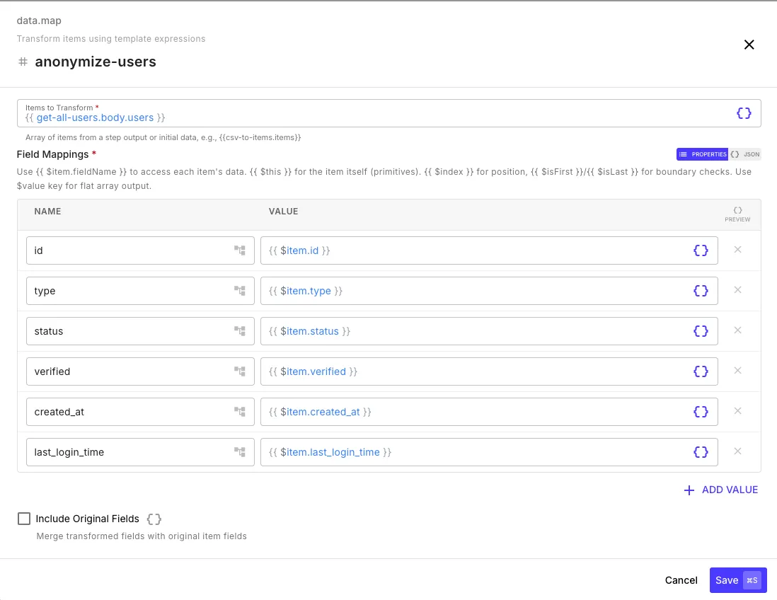 Map step field mappings with output field names and template expressions